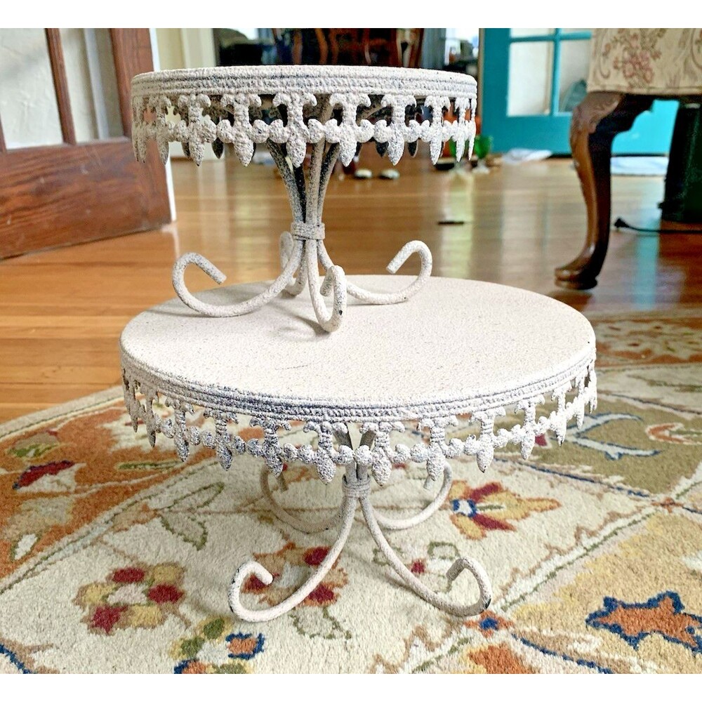 Vintage Cream Wrought Iron Metal Set Of 2 Cake Stand Scalloped Edge Wedding